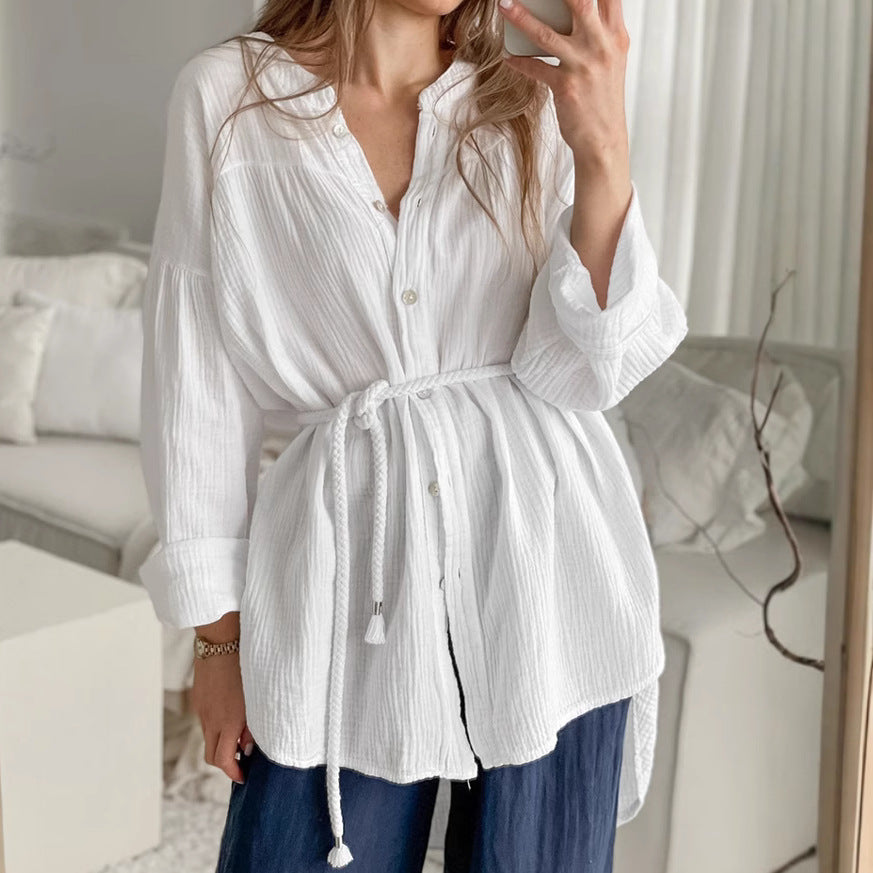 White Cotton Stand Collar Shirt