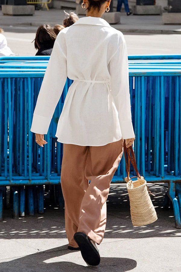 White cotton and linen long-sleeved shirt