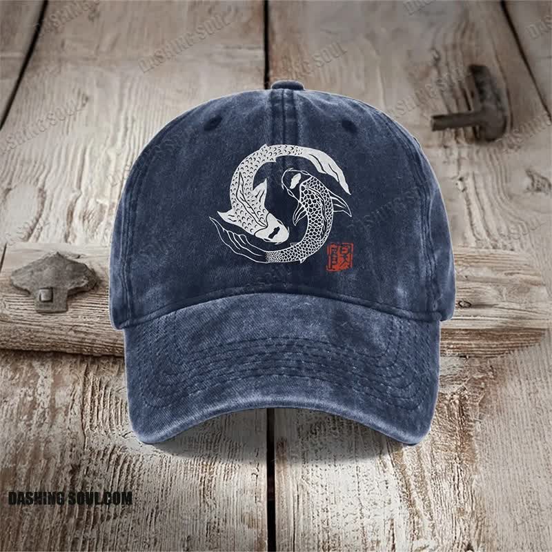Carp Fish Contrast Japanese Lino Art Print Washed Cap