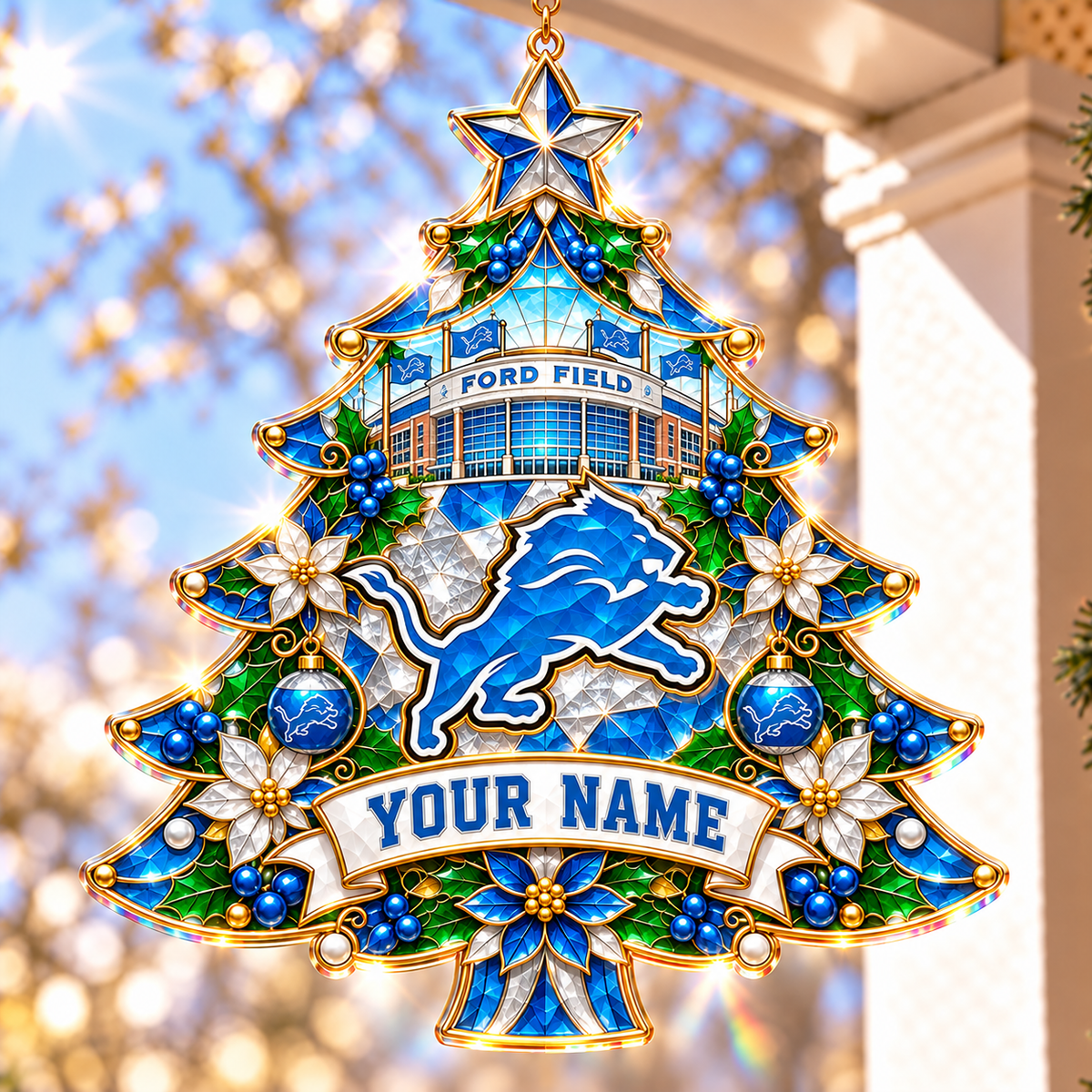 Detroit Lions NFL Christmas Tree Hanging Suncatcher Custom Any Name Gifts