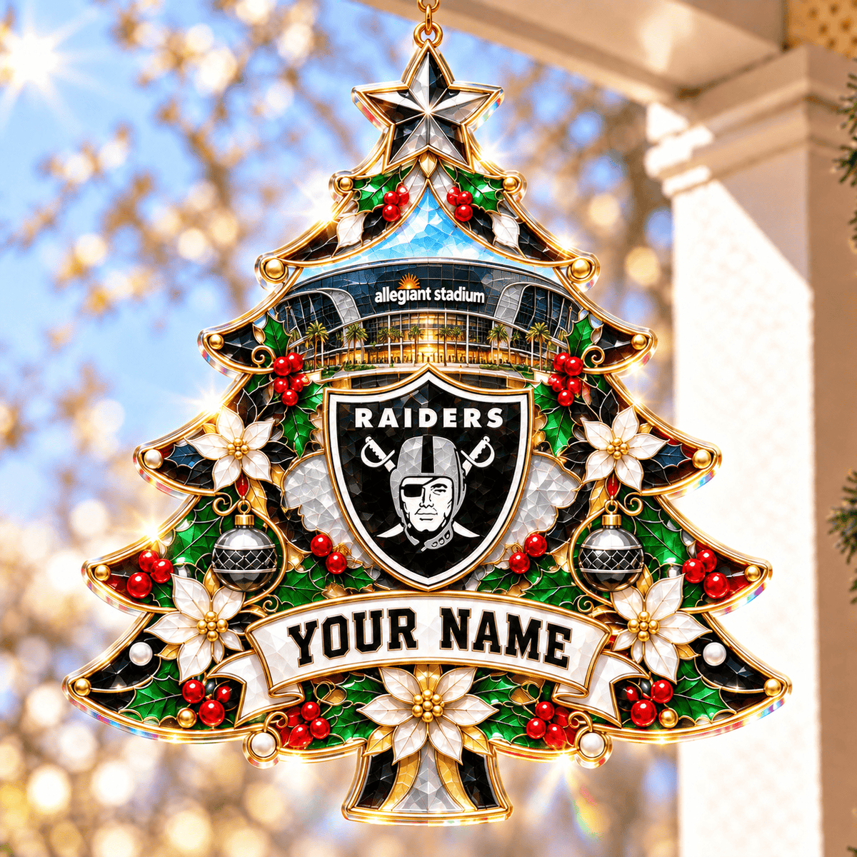 Las Vegas Raiders NFL Christmas Tree Hanging Suncatcher Custom Any Name Gifts