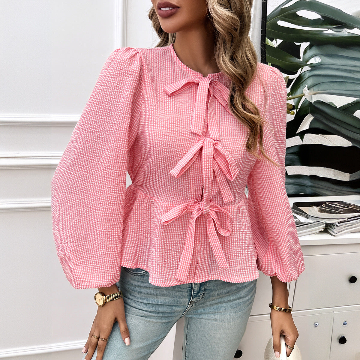 Color-Block Tie-Up Long Sleeve Shirt