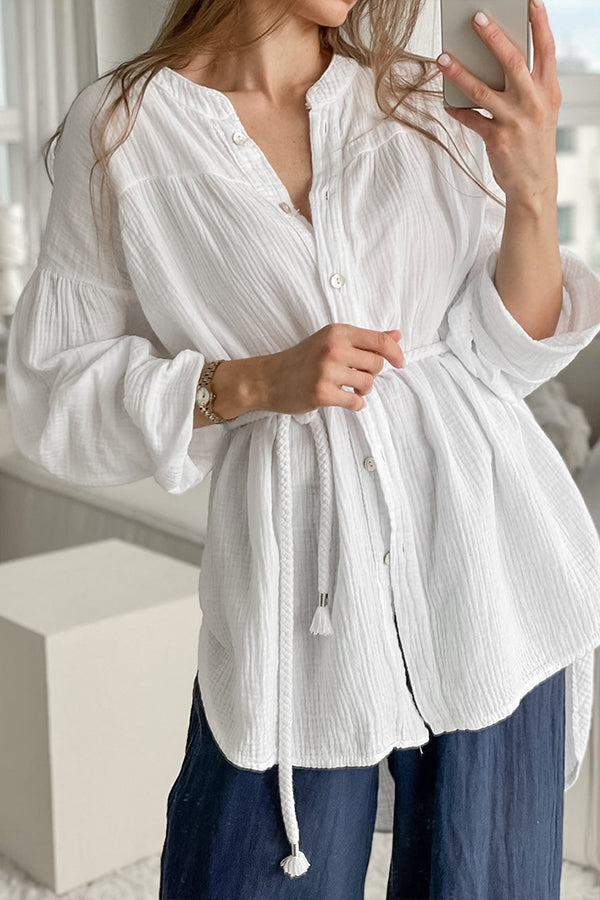 White Cotton Stand Collar Shirt