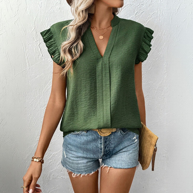 Solid Color Collar Fly Sleeve Shirt