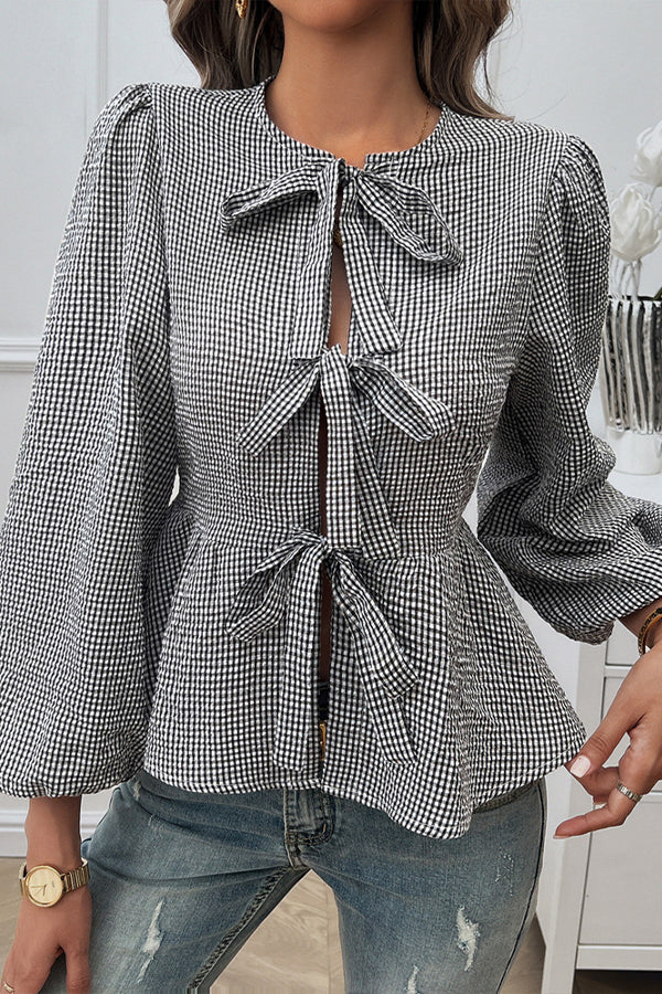 Color-Block Tie-Up Long Sleeve Shirt