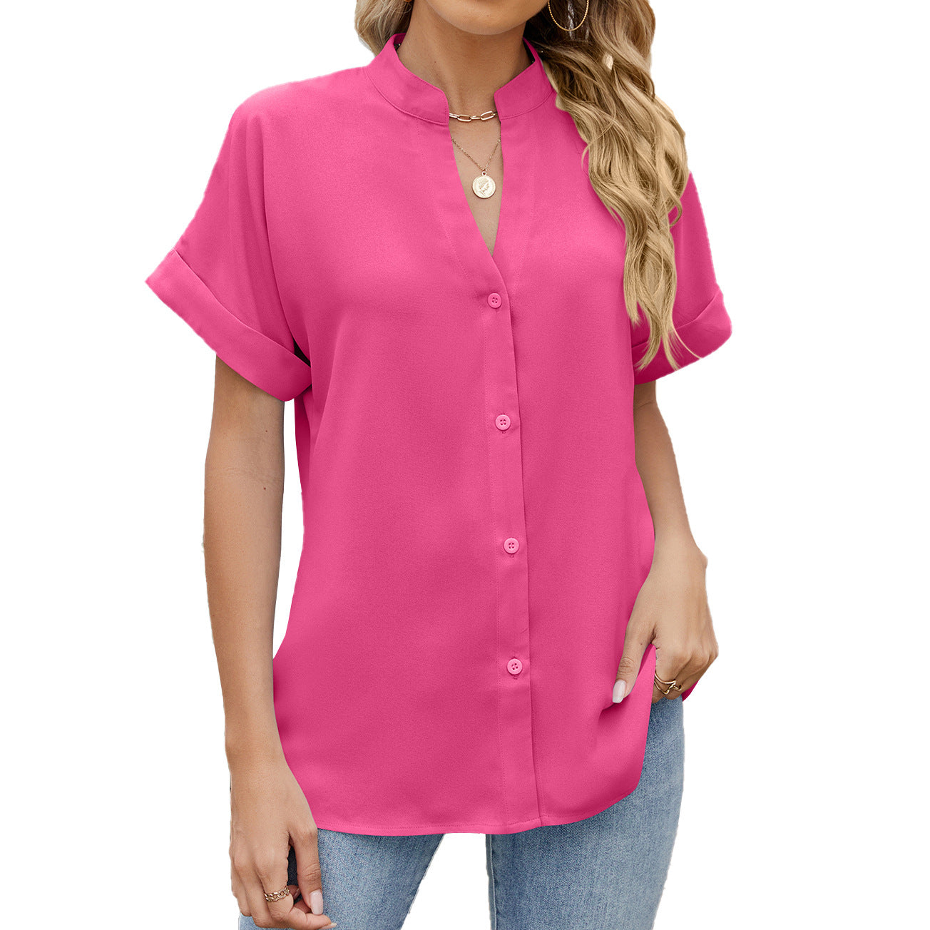 Spring and summer solid color collar shirt