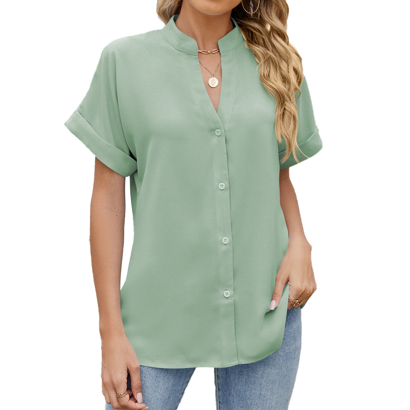 Spring and summer solid color collar shirt