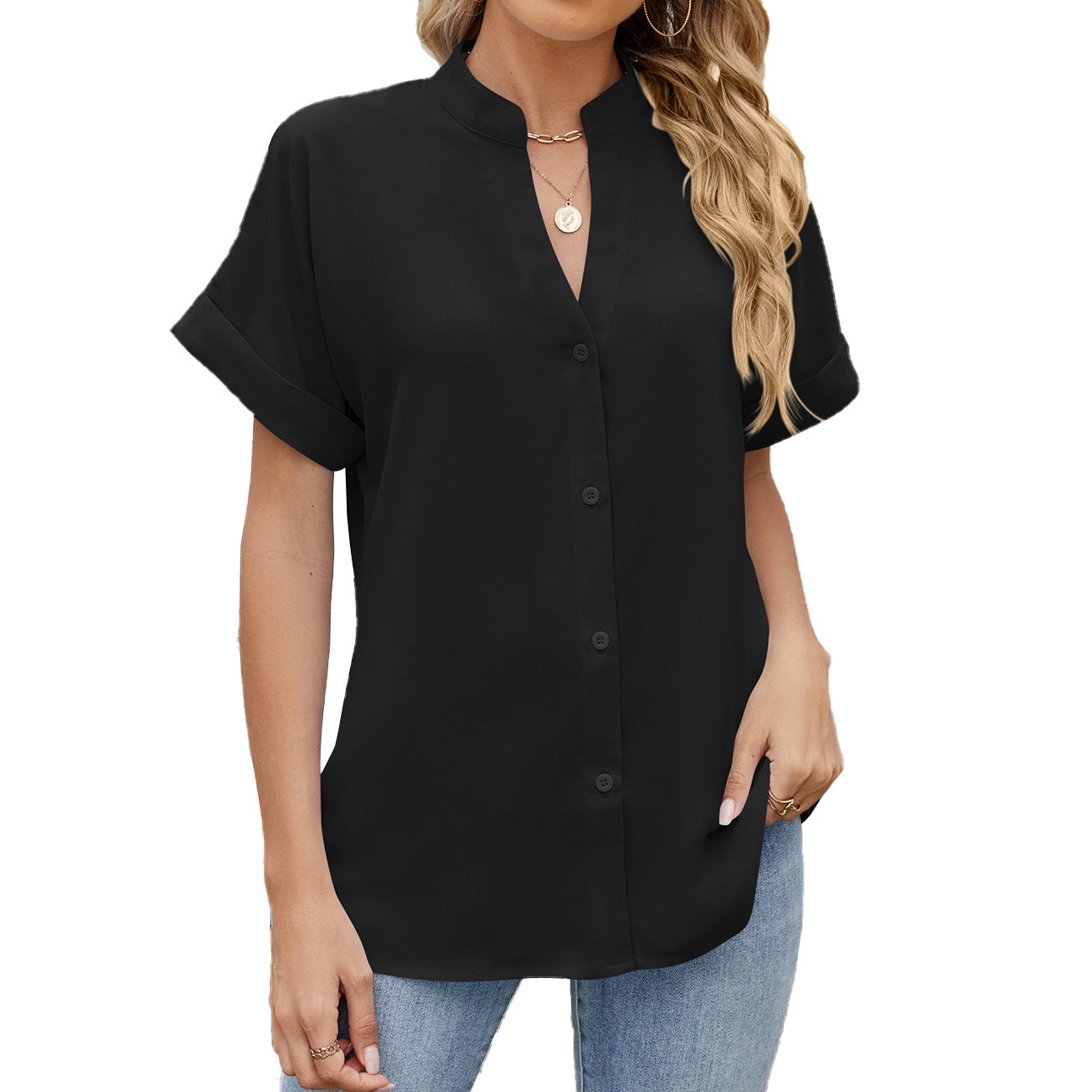 Spring and summer solid color collar shirt
