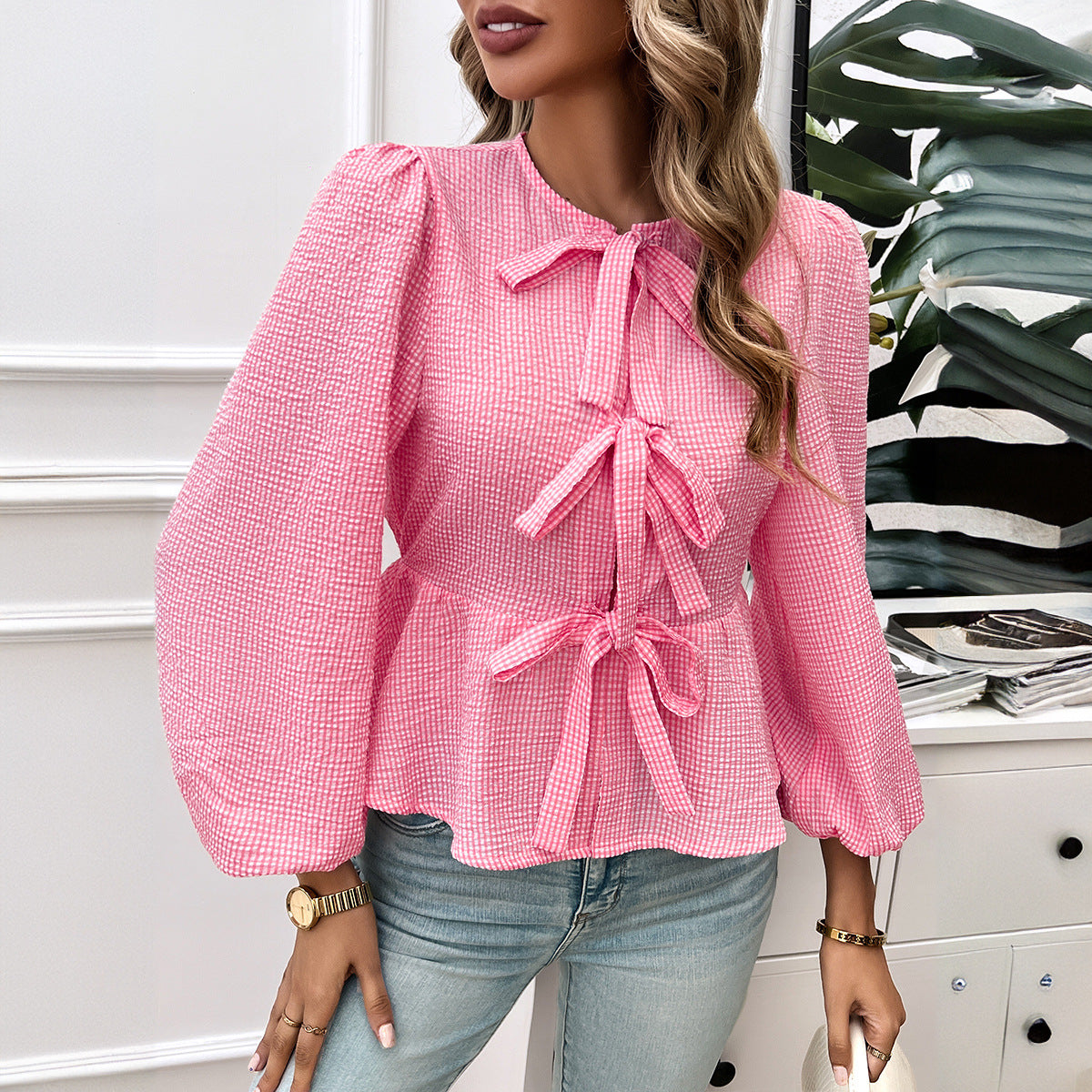 Color-Block Tie-Up Long Sleeve Shirt
