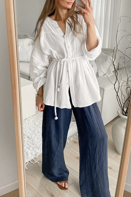 White Cotton Stand Collar Shirt