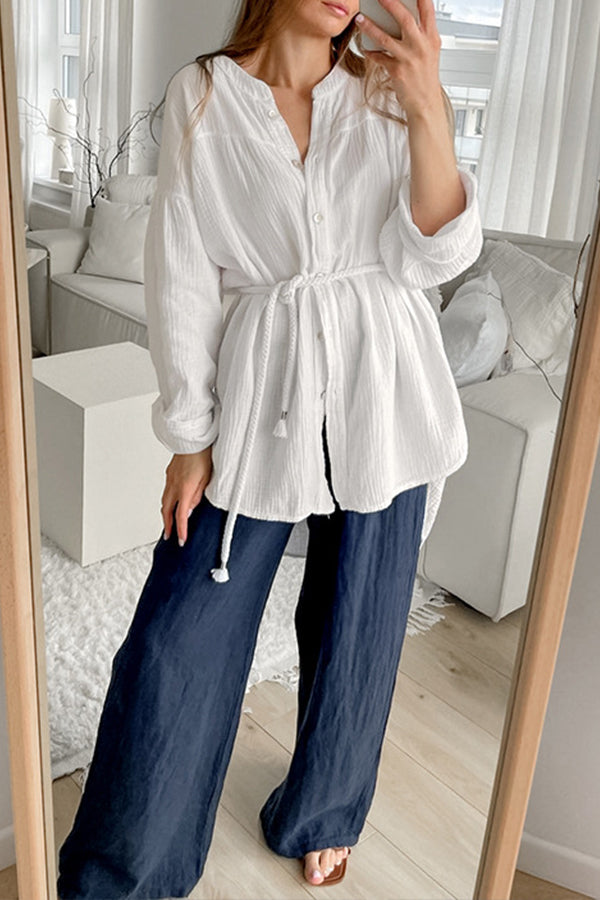 White Cotton Stand Collar Shirt