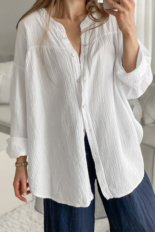 White Cotton Stand Collar Shirt