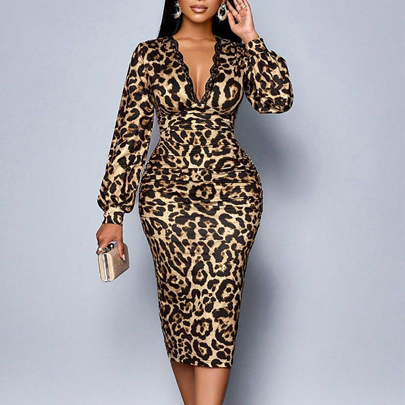 ⏳Time-Limited Special⏰Women’s Lace Leopard V-Neck Lantern Sleeve Mid-Length Dress