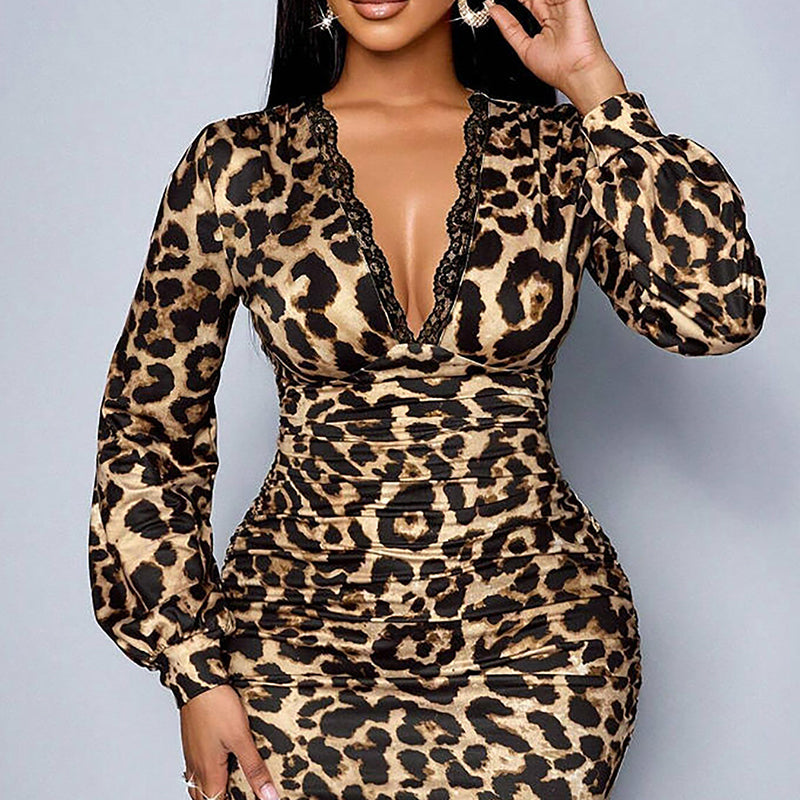 ⏳Time-Limited Special⏰Women’s Lace Leopard V-Neck Lantern Sleeve Mid-Length Dress